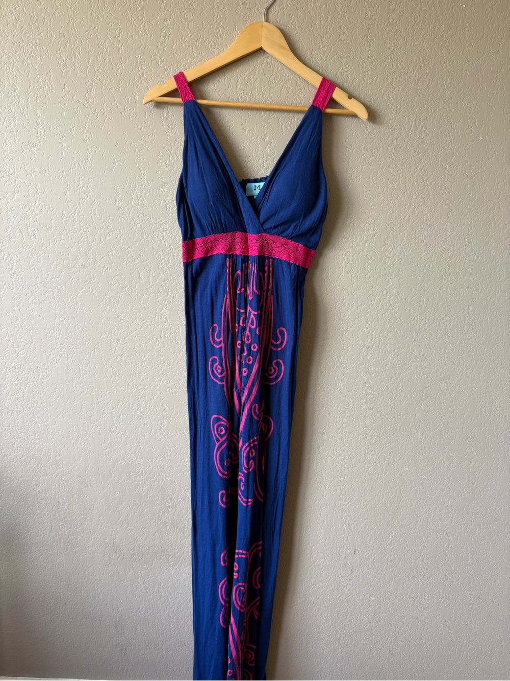South Main Large Navy Pink Embroidered Smocked Maxi Dress Size L Boho
